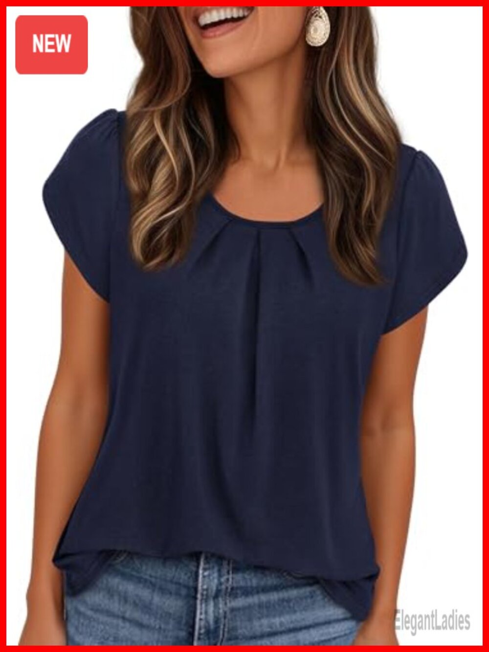 Womens Short Sleeve Scoop Neck Pleated T-Shirt Casual Summer Top
